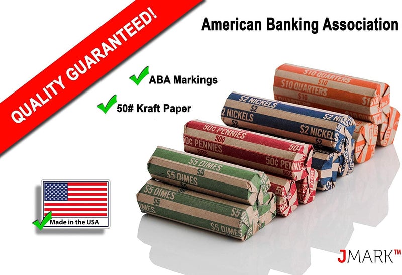 J Mark 400 Neatly-Packed Flat Coin Roll Wrappers Assorted, Made in USA, (Quarters, Dimes, Nickels, Pennies), ABA Striped Kraft Paper Coin Rolls Wrappers, Includes J Mark Deposit Slip - Image 3
